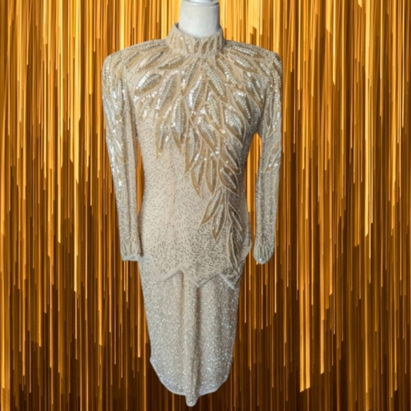 Vtg Designer He-Ro Beaded  Sequined champagne Silk Old Money 2-Piece Set sz 2 - Picture 15 of 16